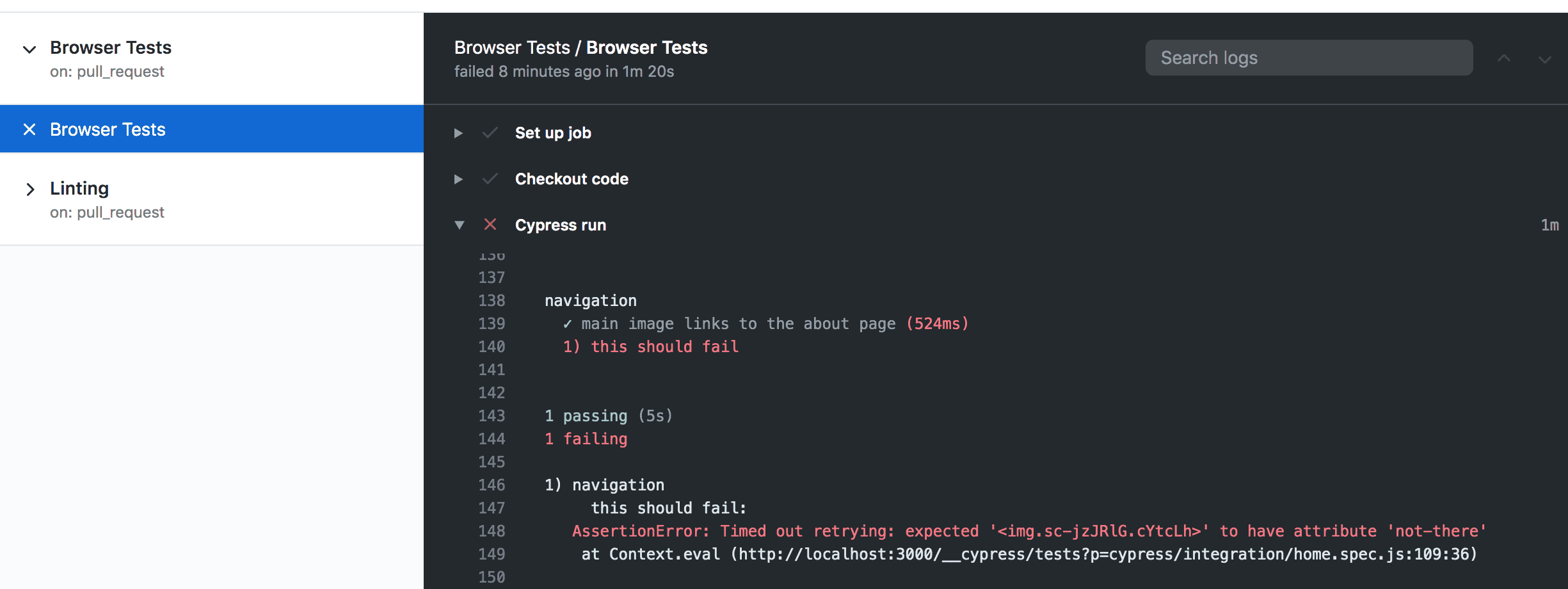 A failing cypress test.